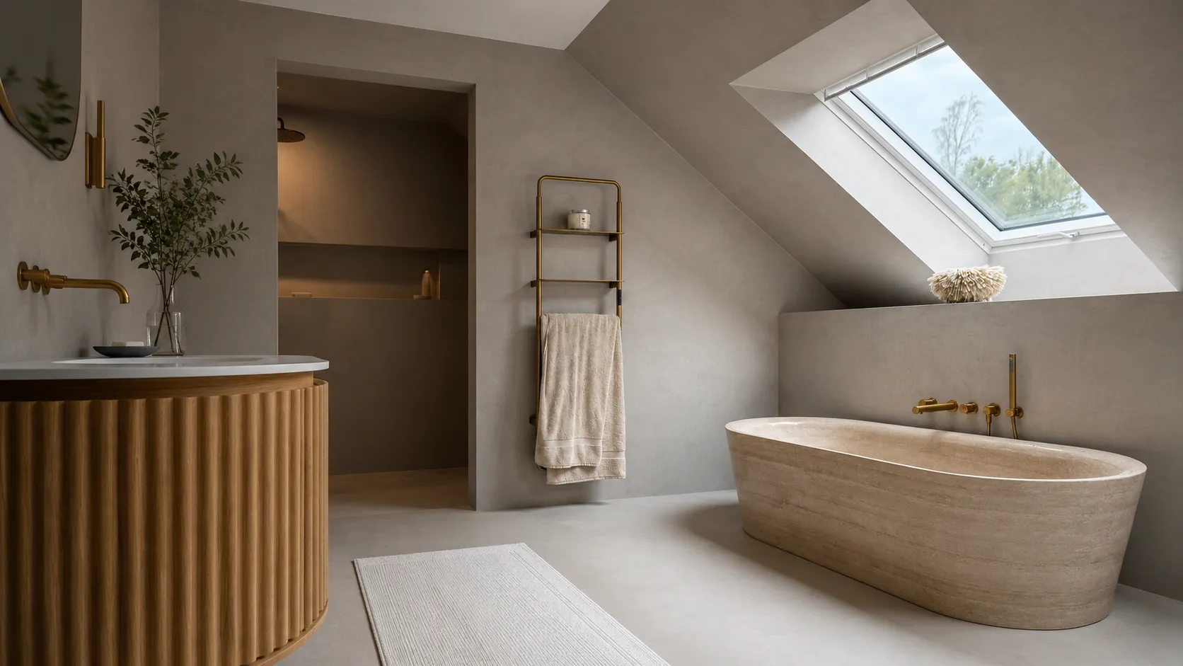 Seamless microcement walls and floor in a calm, neutral bathroom with a freestanding stone tub beneath a skylight.