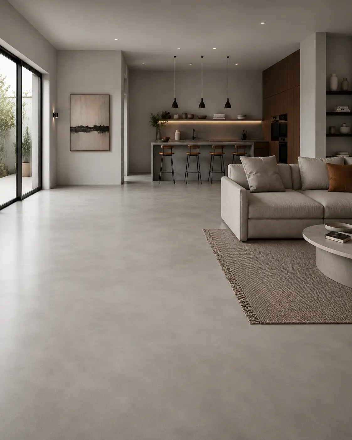 Continuous microcement floor running seamlessly through an open living and kitchen area, in a Laguna Niguel project.