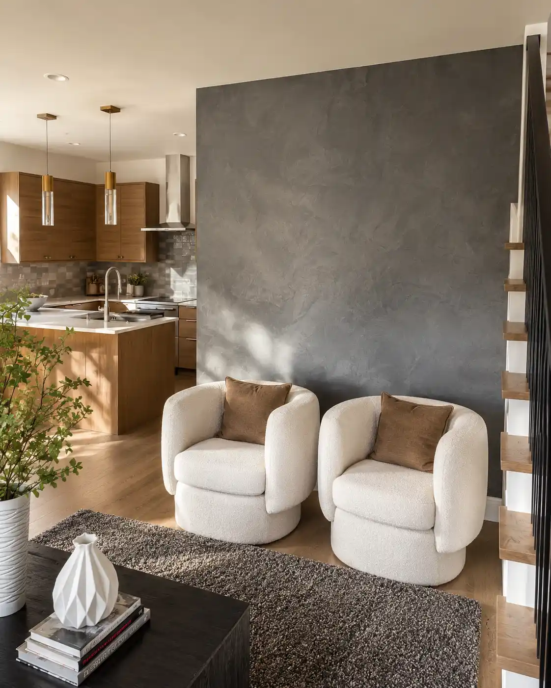 Charcoal matte Roman clay accent wall in a living room beside an open kitchen and stair, in a Newport Beach project.