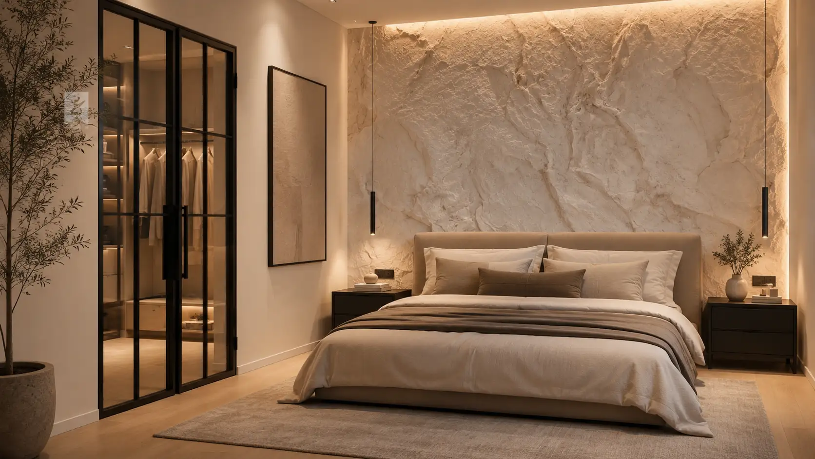 A hand-sculpted stone-effect plaster feature wall with deep, rock-like relief catching light and shadow in a calm interior.