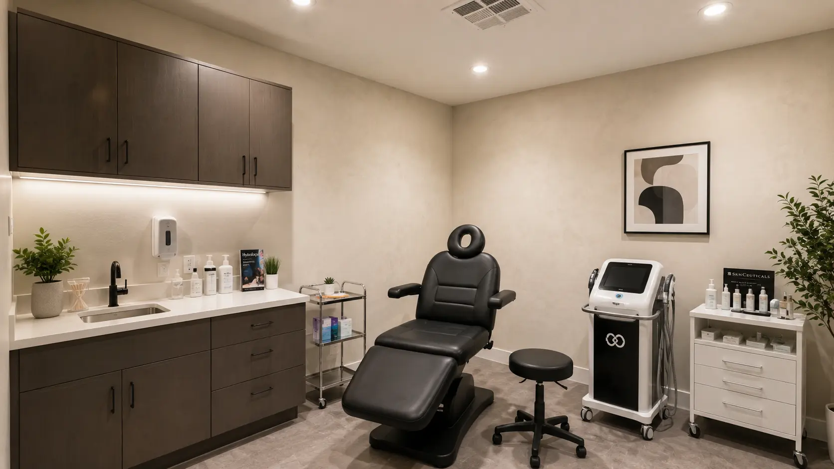 Lime wash walls in a finished med spa treatment room in Costa Mesa, furnished and equipped.