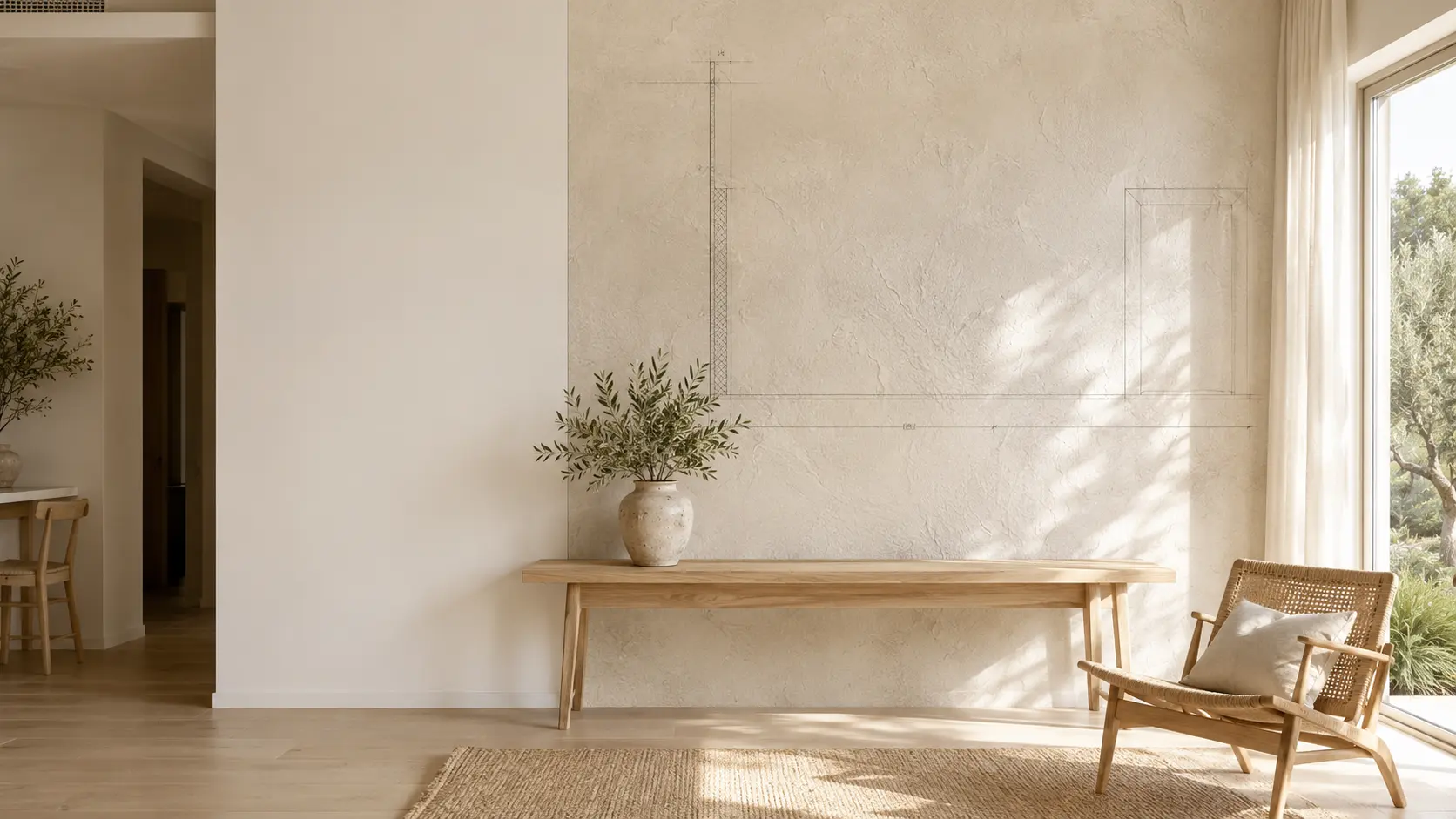Illustration comparing a flat painted wall and a hand-applied decorative plaster wall