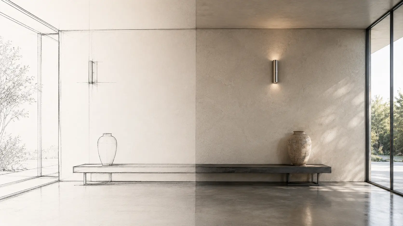Illustration comparing a seamless microcement wall and a polished Venetian plaster wall