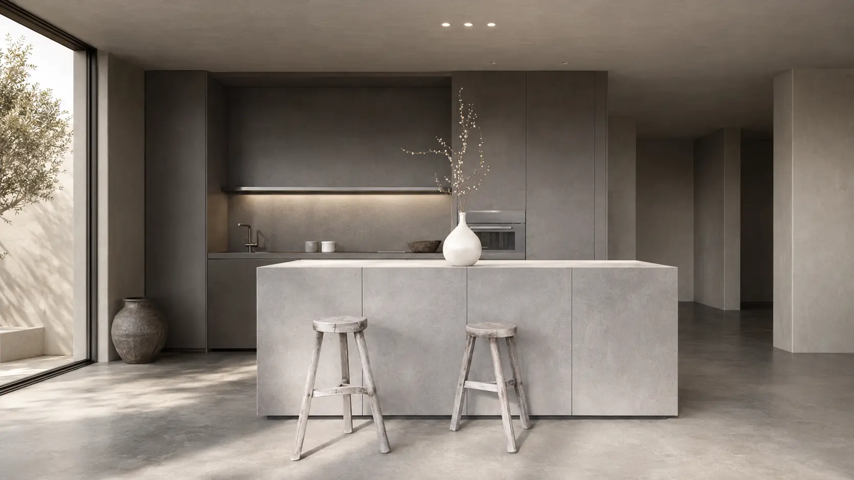 Concrete-effect plaster wall in a modern interior - material illustration