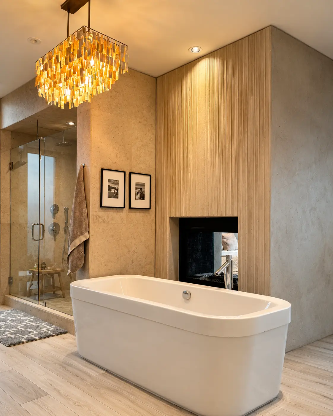 Fluted plaster fireplace surround in a spa-like bathroom with a freestanding tub.
