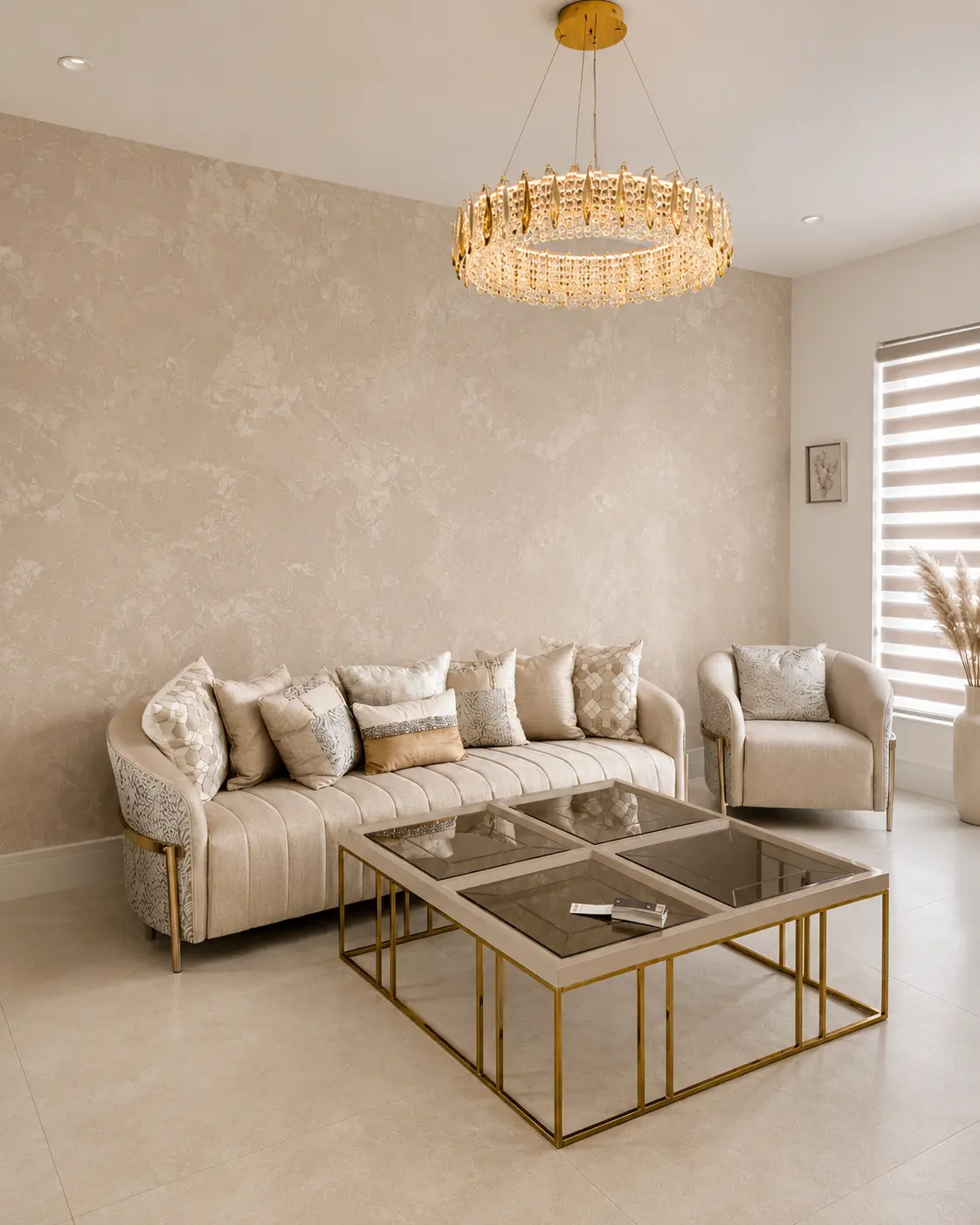Marmorino plaster feature wall in a bright living room with a cream sofa and gold accents.
