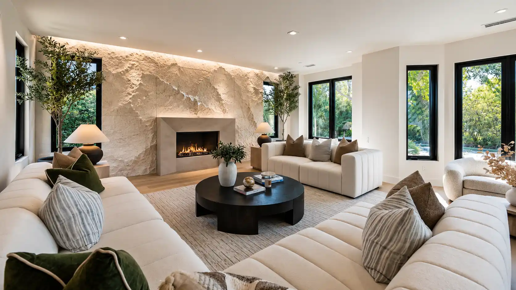 Stone-effect plaster fireplace wall - hand-sculpted, high-relief surface with the presence of natural rock