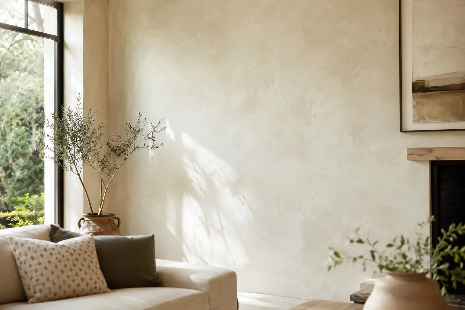 Calm interior with a hand-applied decorative wall finish in soft daylight