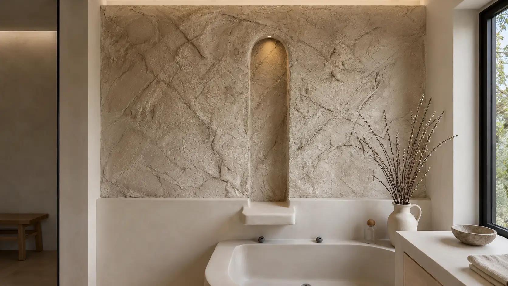 Illustration of a stone-effect plaster feature wall - hand-sculpted, high-relief rock texture