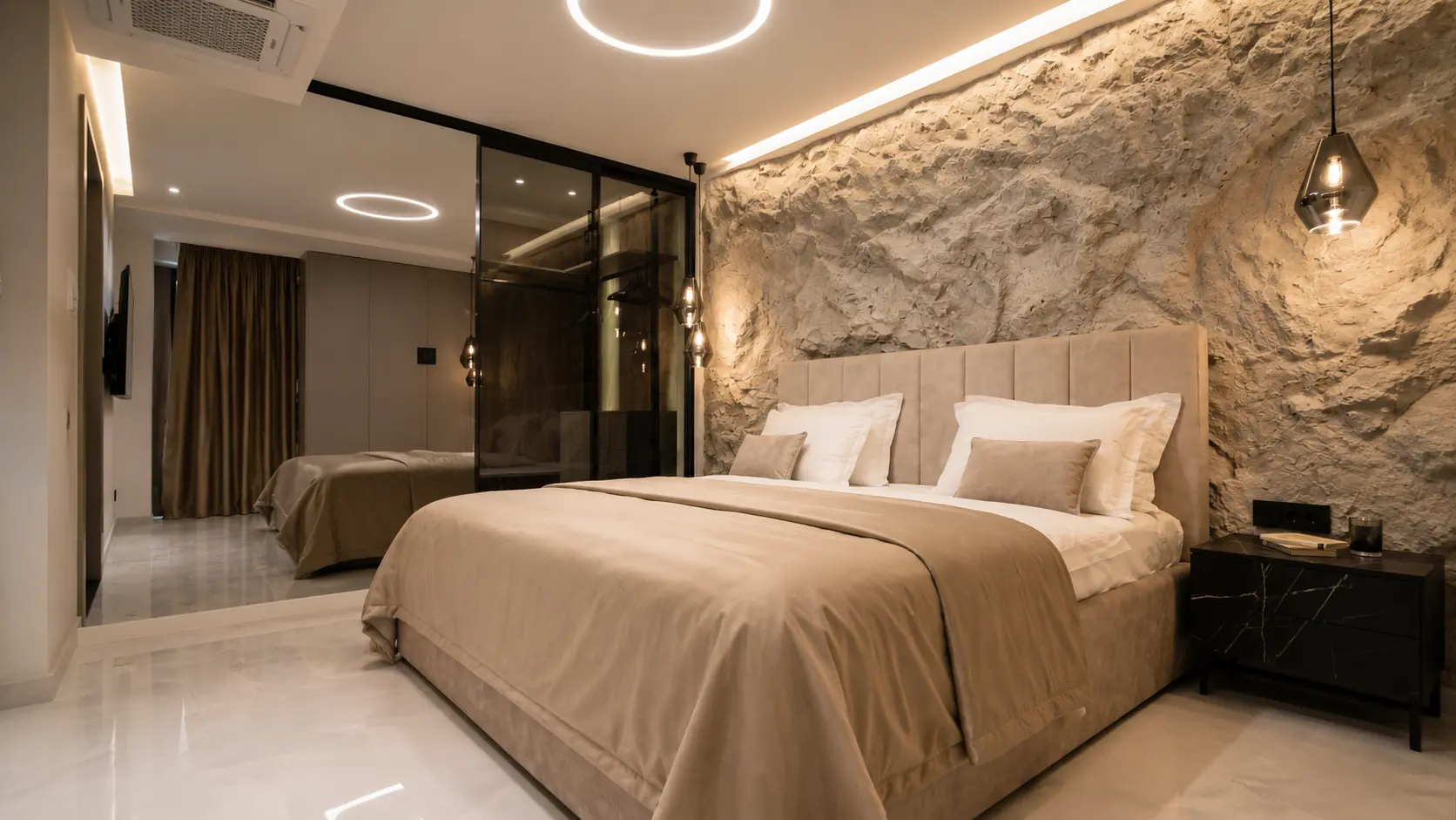 Illustration of a stone-effect plaster headboard wall - sculpted, rugged rock relief