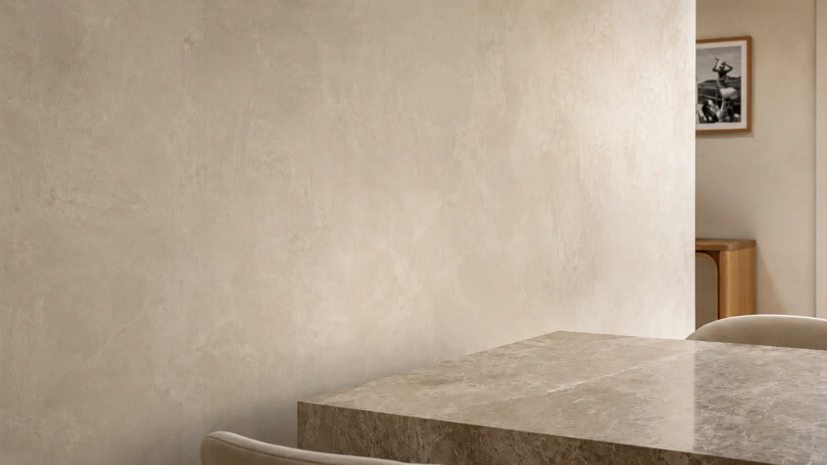 Illustration of a lime wash dining wall - smooth, cloudy mineral surface in soft light