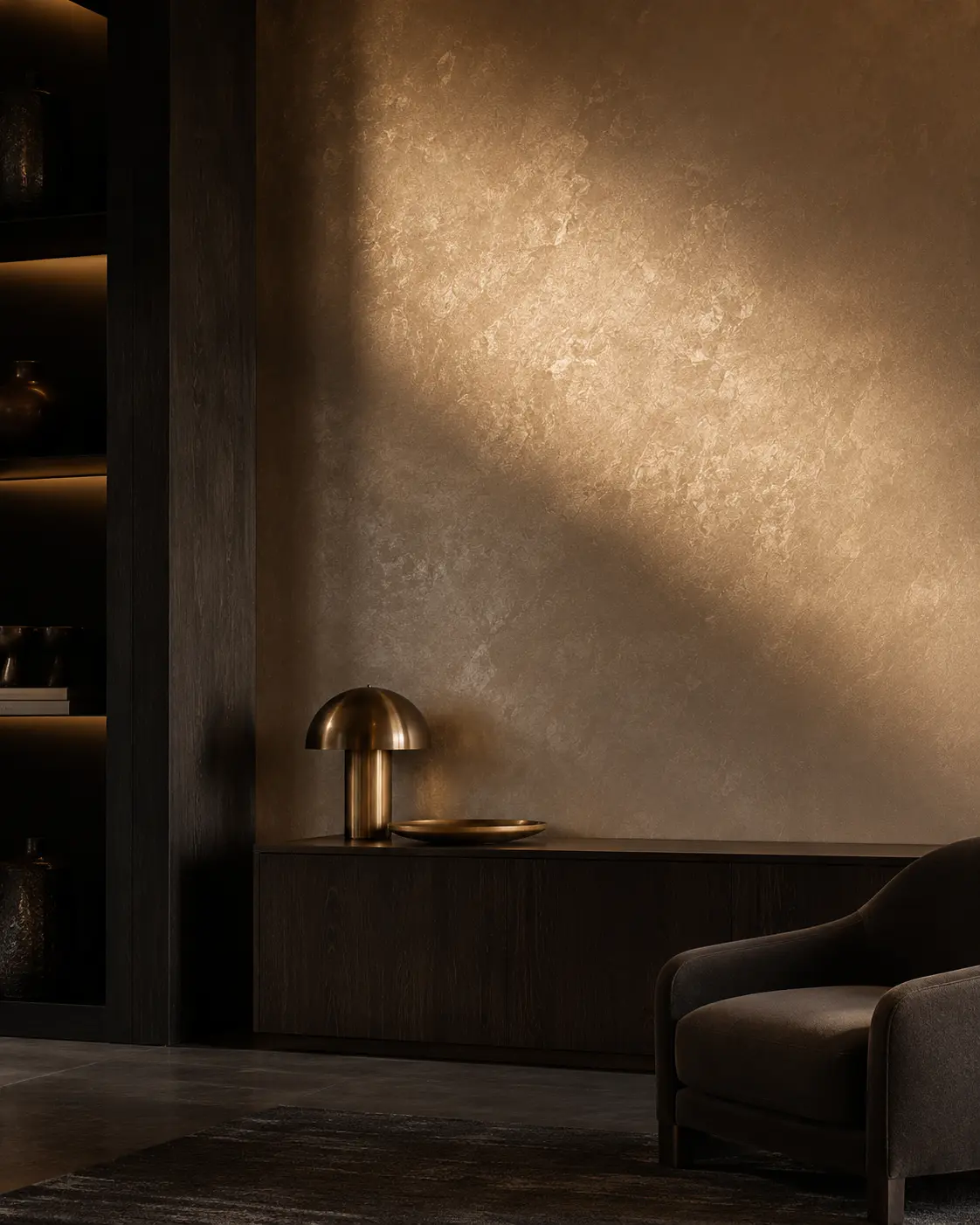 Metallic pearl feature wall shifting tone across changing side light