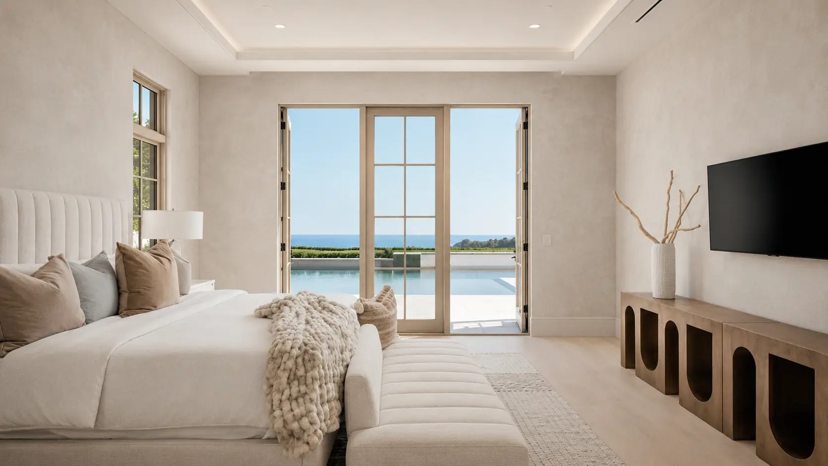 Pearl finish bedroom walls with an ocean view - soft, light-reactive sheen