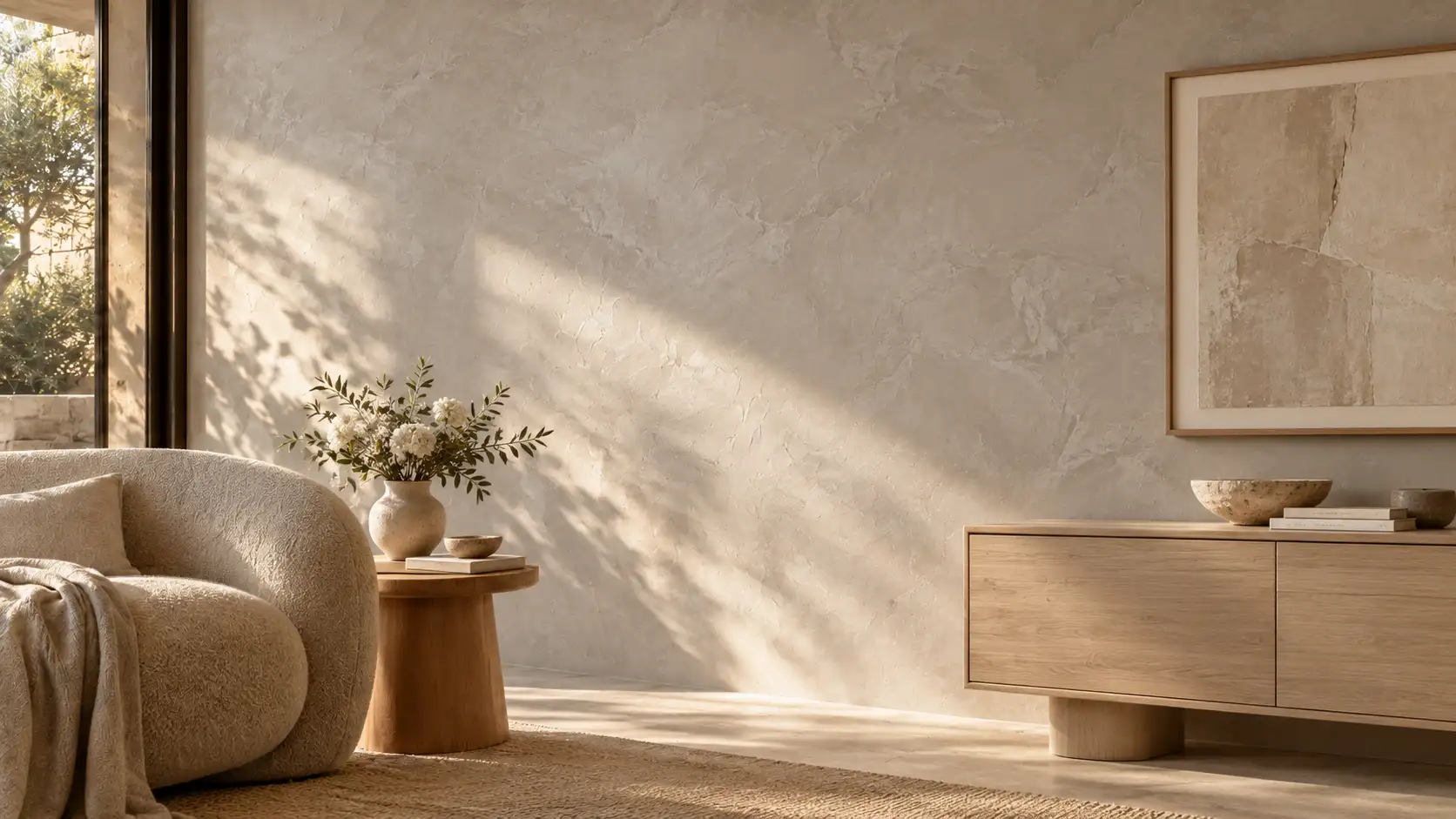 Warm limestone Venetian plaster wall with soft trowel movement catching low side light