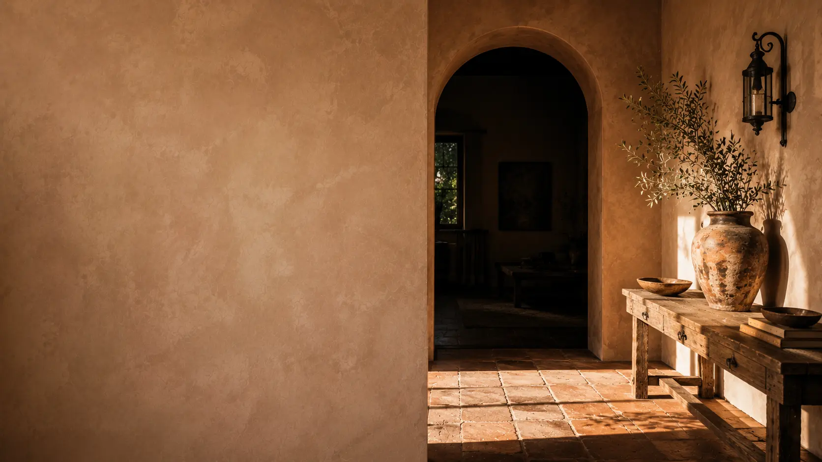 Mediterranean entry hall with clay plaster walls, an arched passage and a rustic oak console