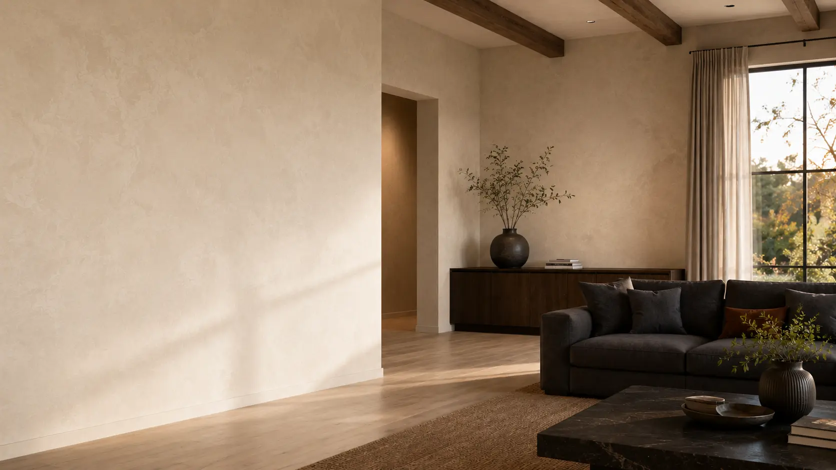 Living room with a hand-troweled Venetian plaster wall, a dark sofa and evening light