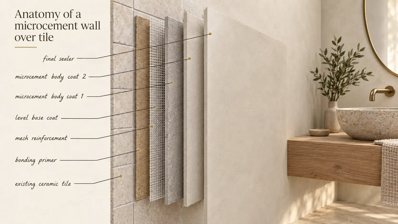 Cross-section diagram of a microcement system built over existing tile, showing the tile substrate, bonding primer, mesh-reinforced grout lines, level base coat, hand-worked body coats, and sealer