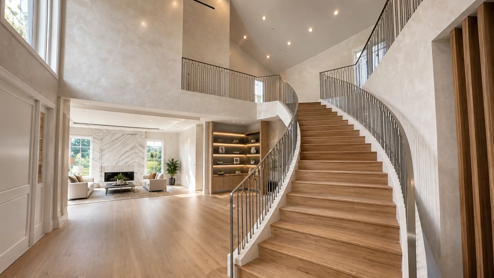 Pearl finish on a curved staircase wall - soft, light-reactive sheen