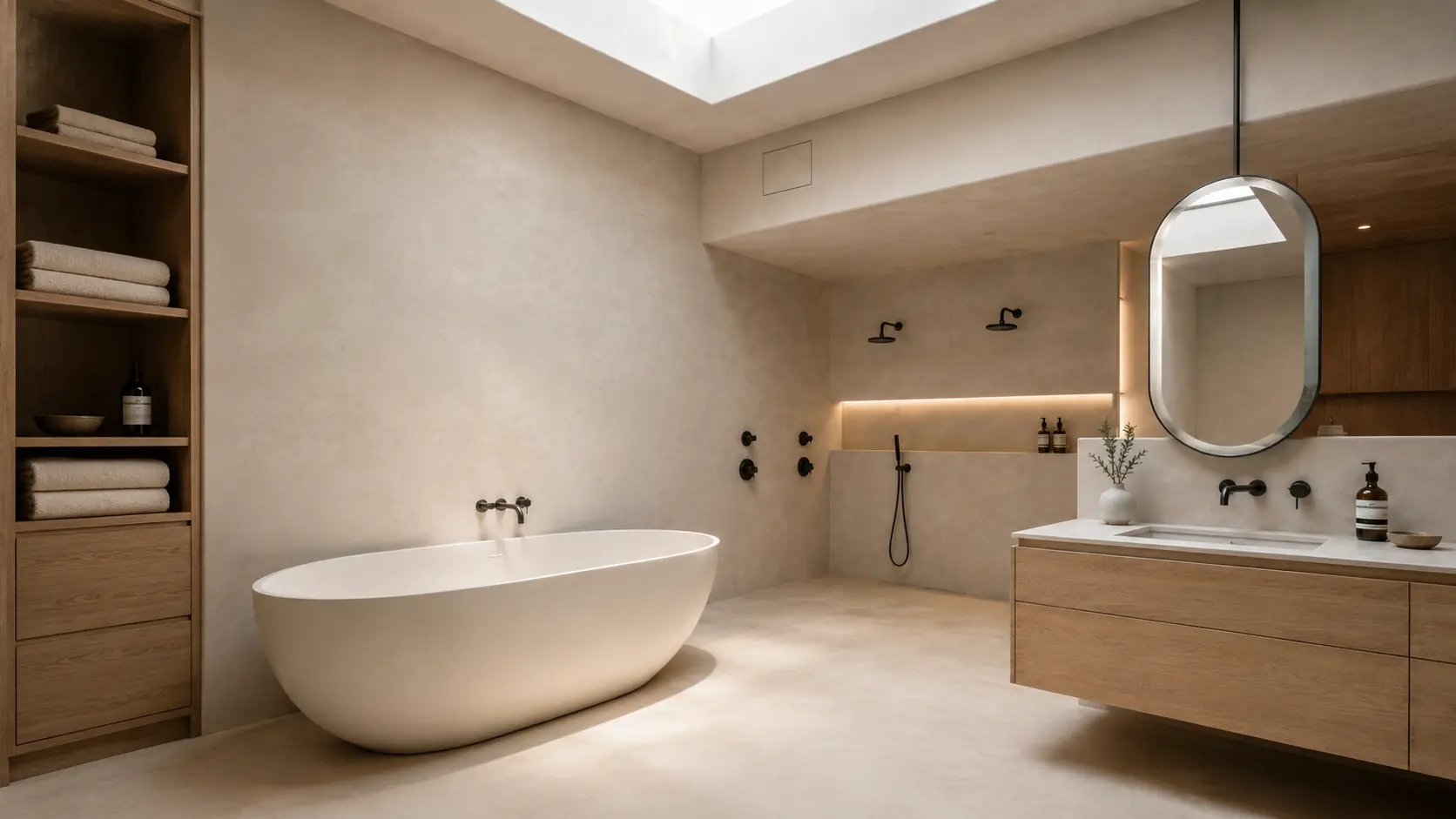 Illustration of microcement bathroom walls - seamless mineral-cement surface