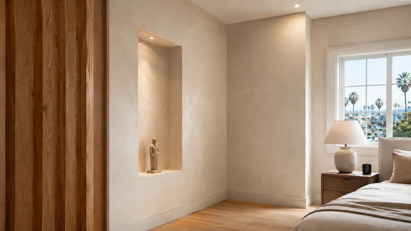 Illustration of a Roman clay bedroom - matte, velvety clay walls with a lit niche