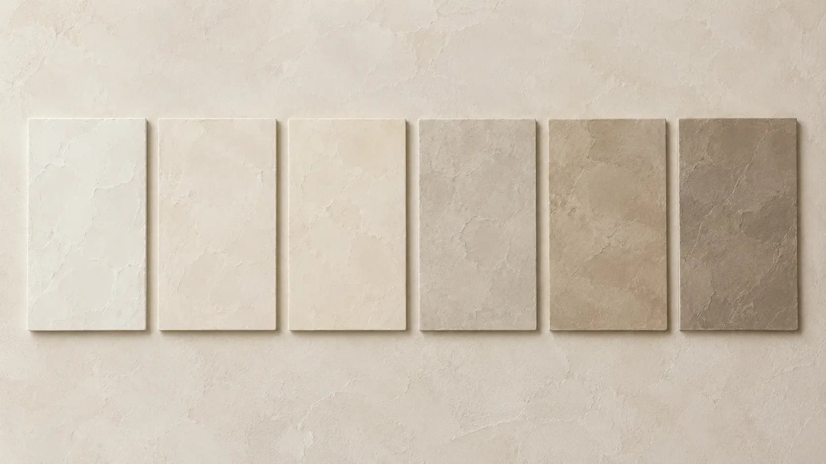 Swatch strip of six hand-troweled Venetian plaster tones: warm white, bone, ivory, limestone, mushroom, and taupe