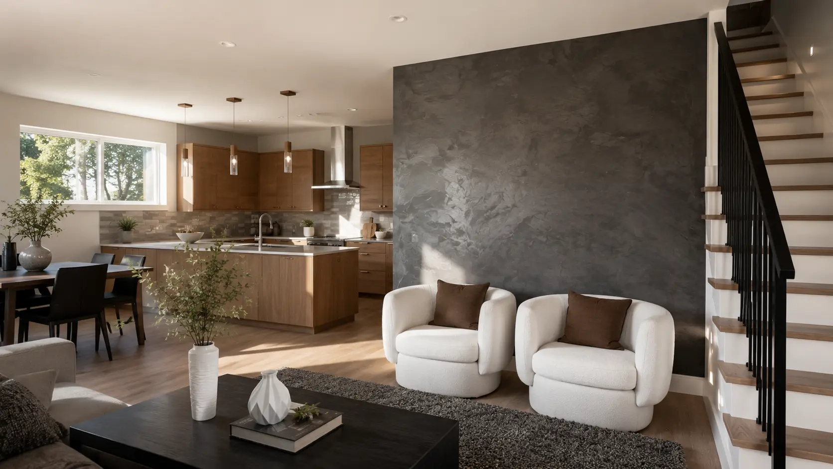 Illustration of a Roman clay accent wall - matte, velvety clay finish by a staircase