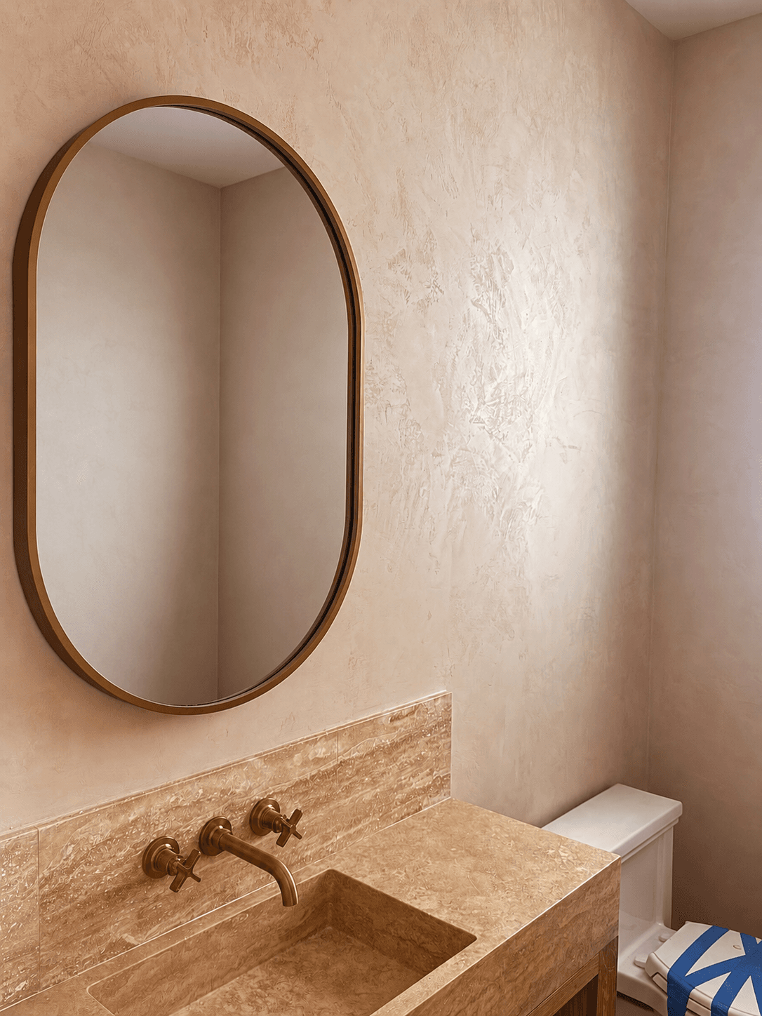 Completed guest powder room with soft peach Marmorino Venetian plaster walls in Newport Beach, Orange County.