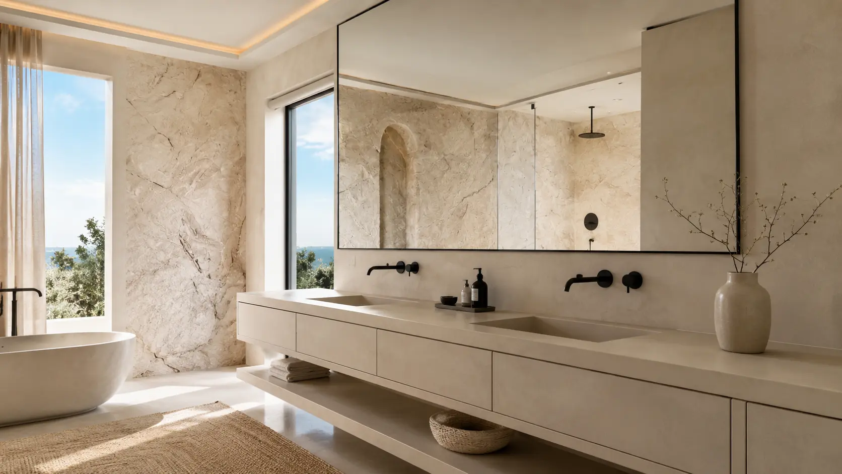 Illustration of a microcement kitchen - seamless mineral-cement walls and surfaces