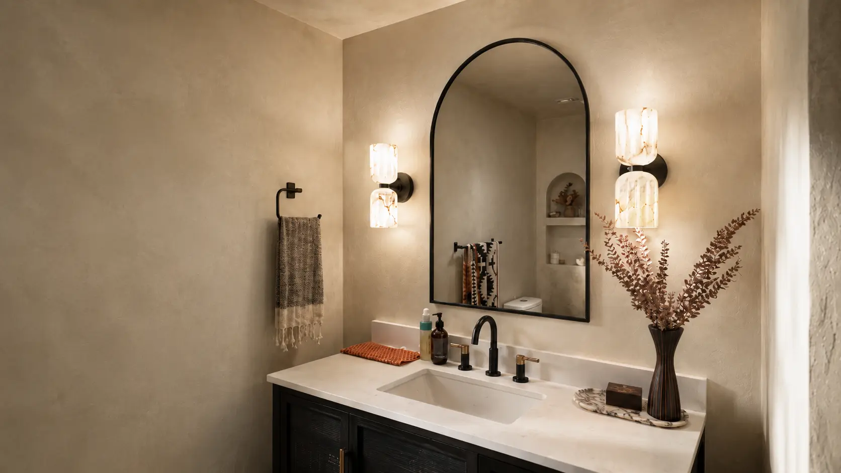 Illustration of a lime wash powder room - cloudy mineral walls with a chalky matte look