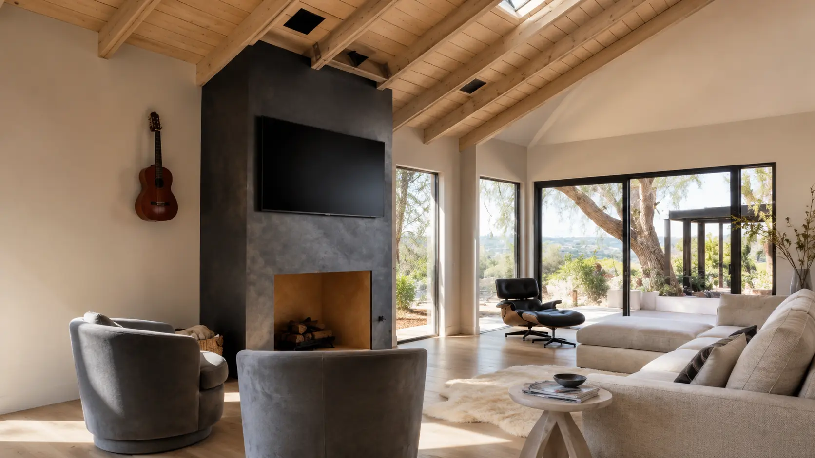 Illustration of a pearl finish living room - dark, light-reactive plaster fireplace wall
