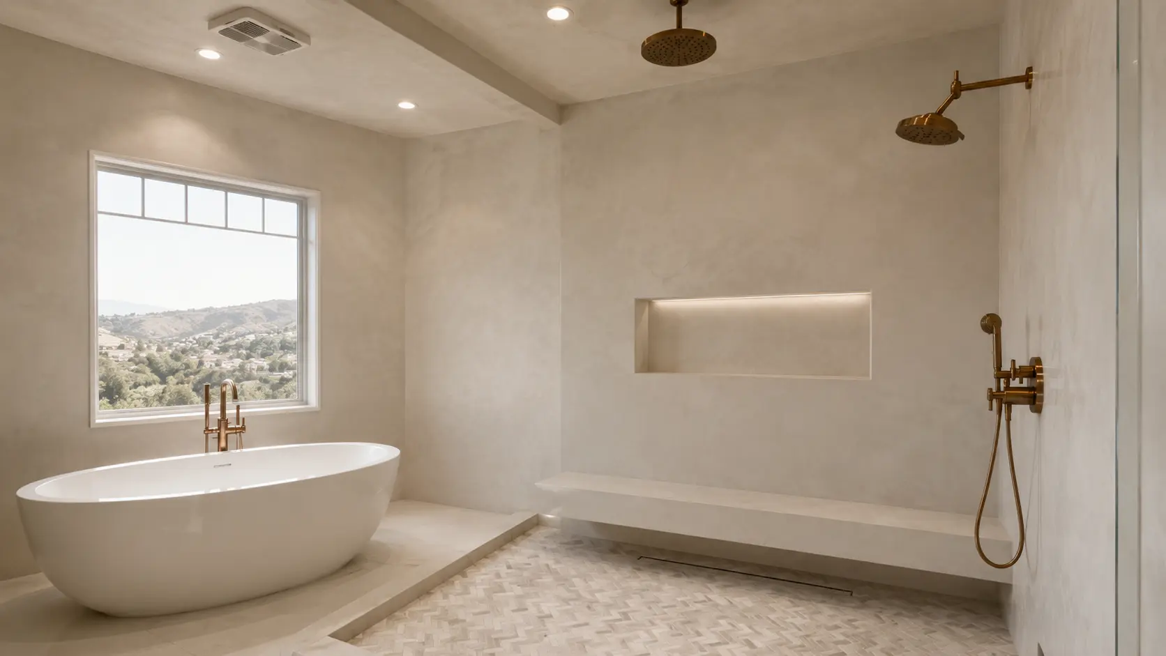 Microcement spa bathroom - seamless mineral-cement walls and floor with a garden view
