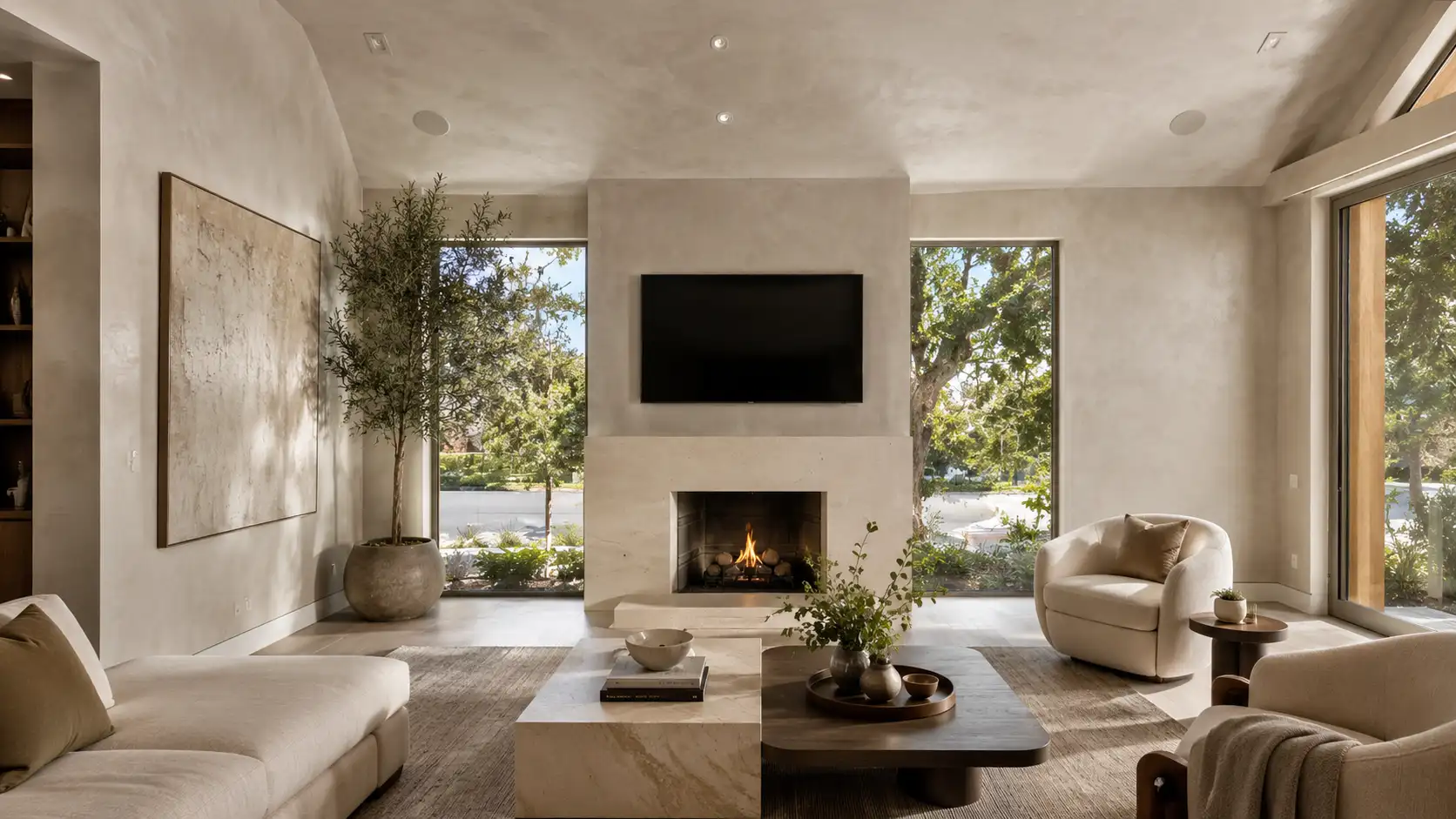 Illustration of a pearl finish living room - luminous, light-reactive walls with a fireplace