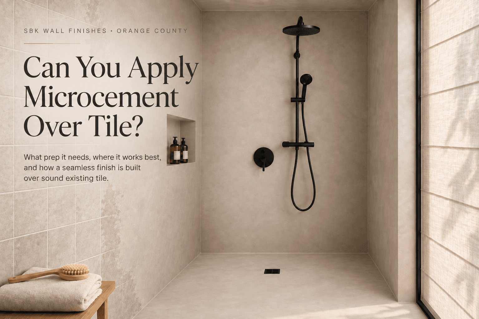Seamless microcement bathroom wall applied over existing tile