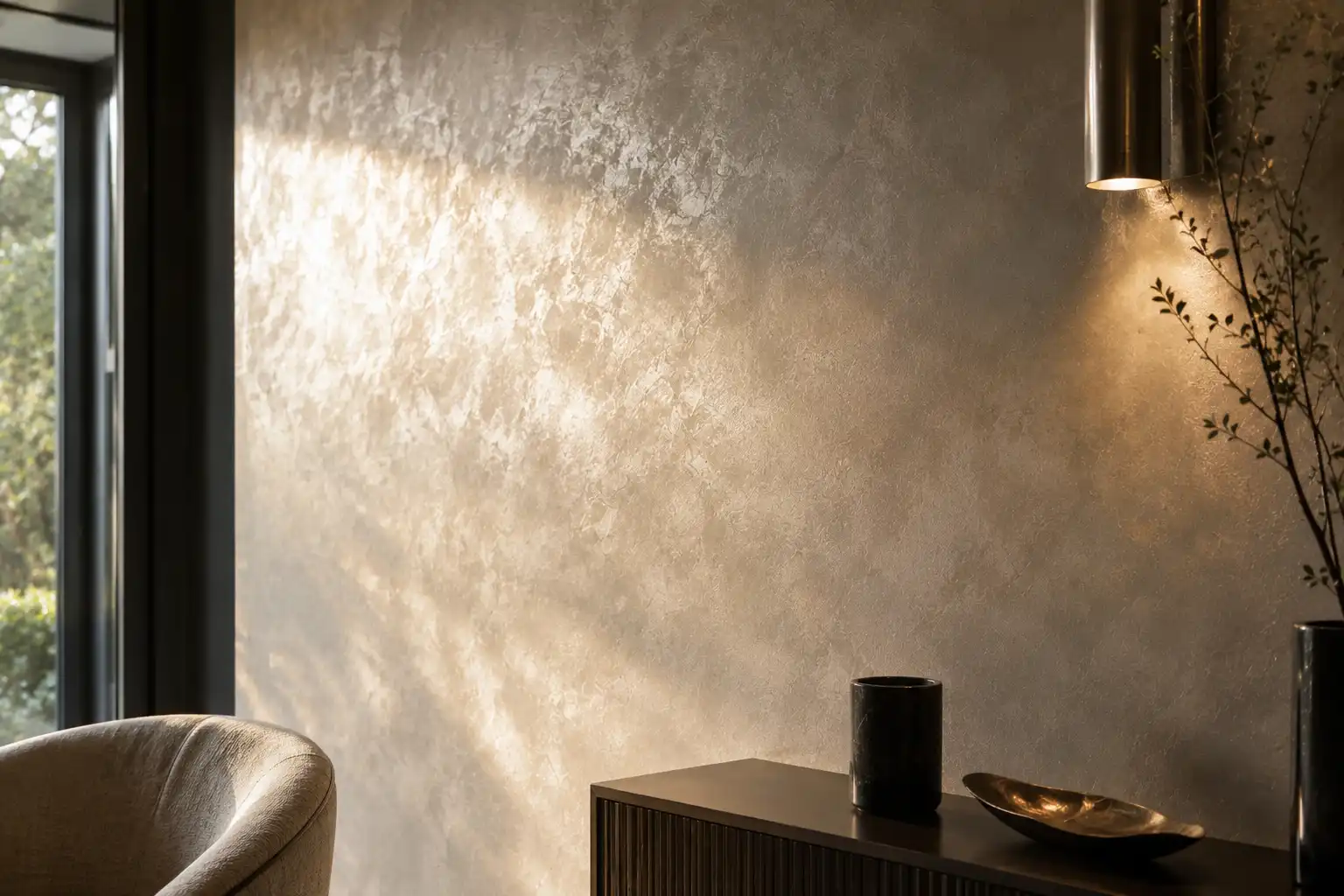 Luminous metallic feature wall catching side light