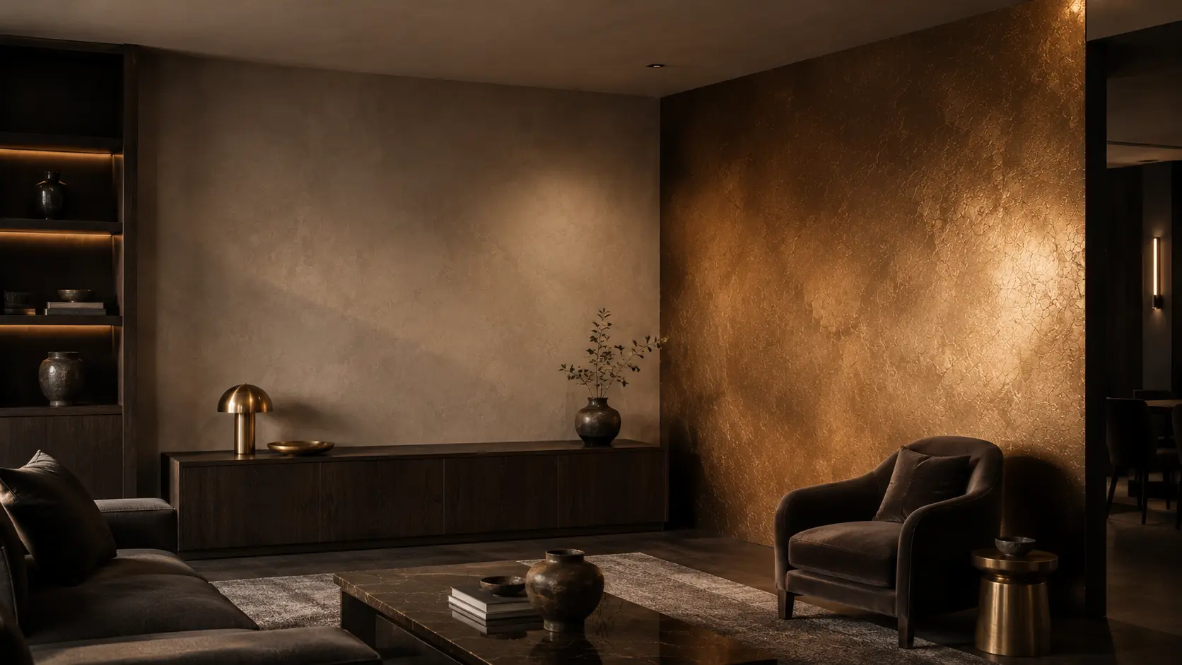 Matte wall meeting a metallic accent wall in one room under warm light