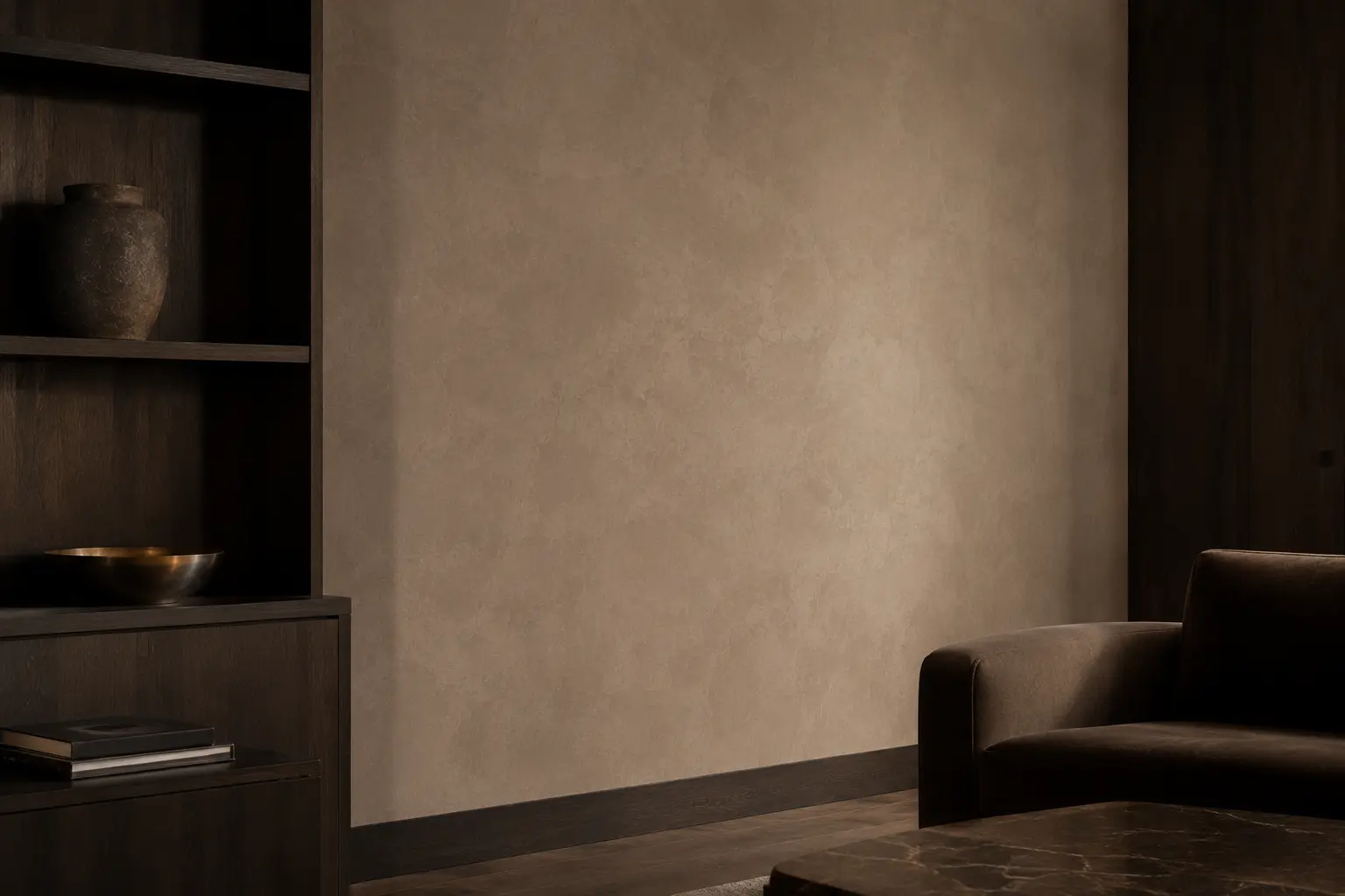 Matte mineral wall softening daylight in a calm interior