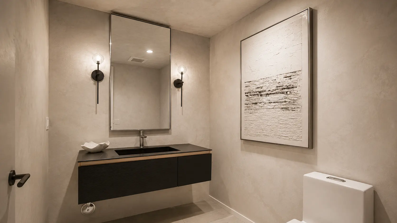 Roman clay powder room walls - warm, matte clay finish with soft, even movement