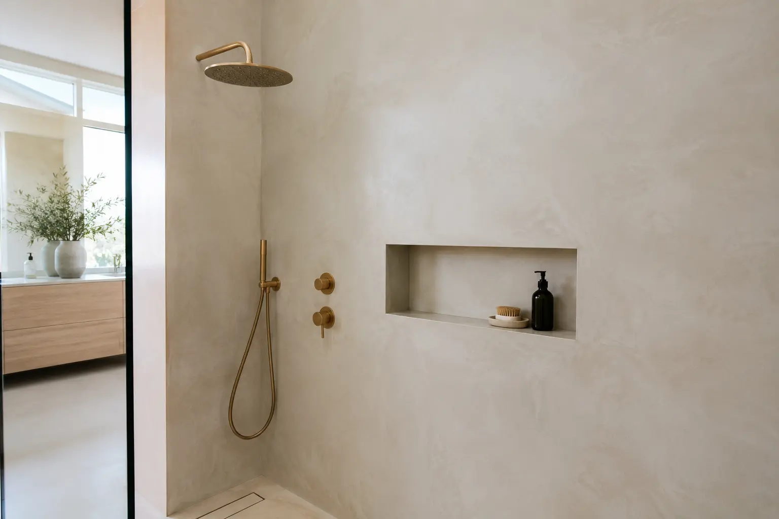 Seamless microcement shower wall with soft even tone