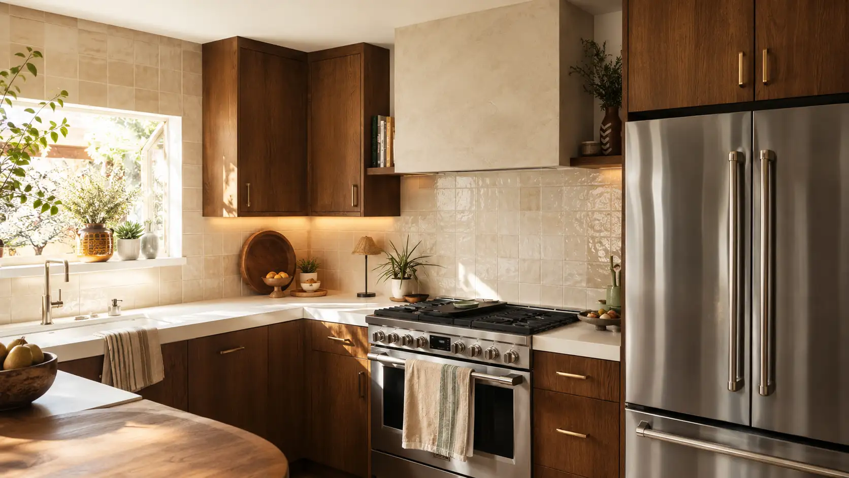 Illustration of a lime wash finish in a warm wood kitchen - soft, cloudy mineral walls