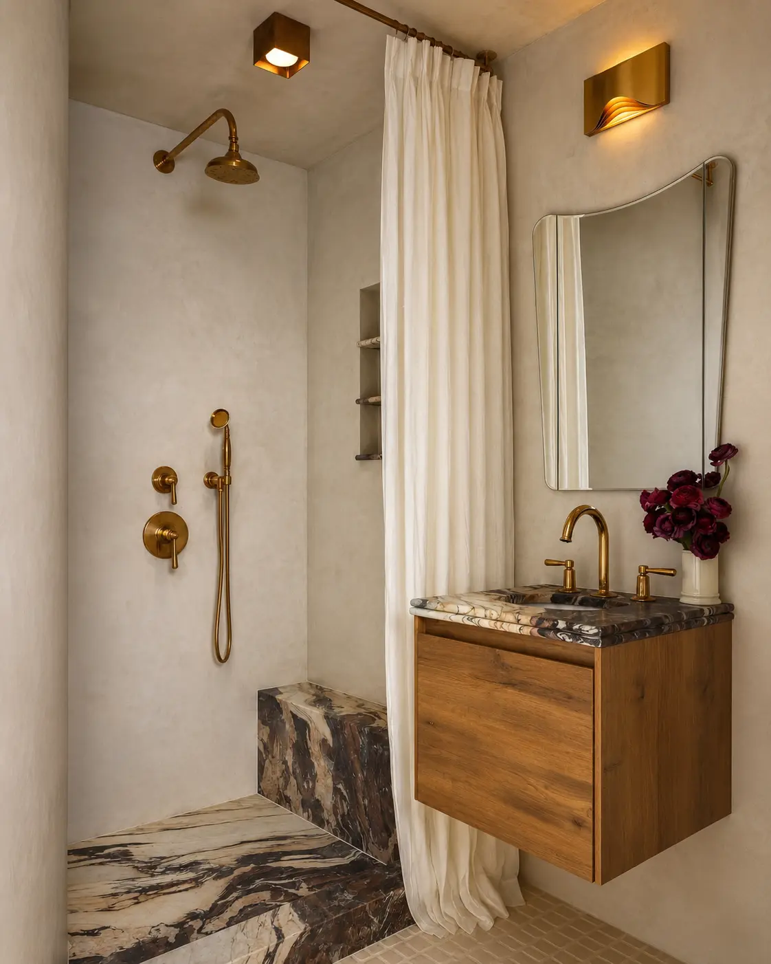 Seamless microcement walls in a walk-in shower and bathroom, with a marble bench, in a Newport Beach project.