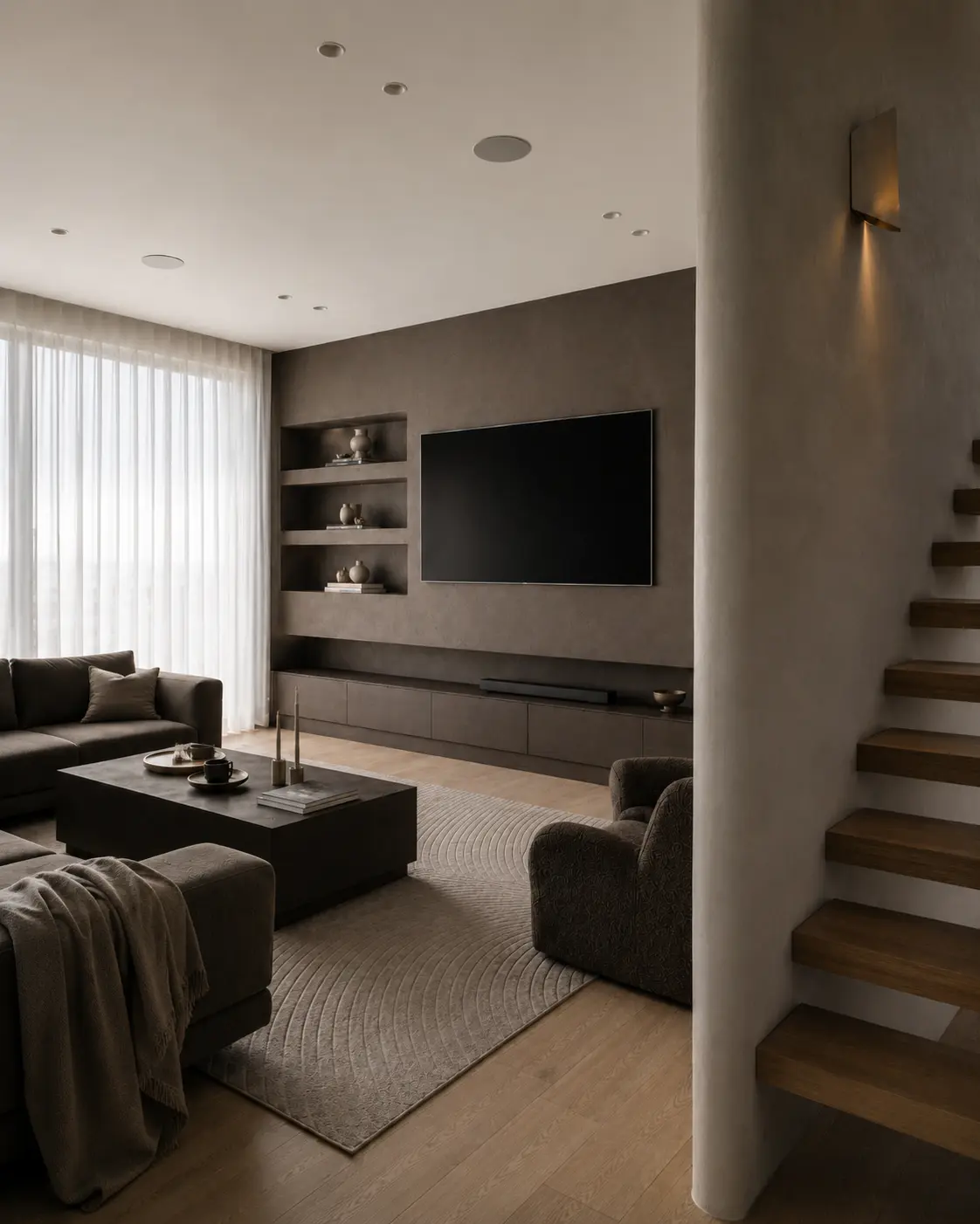 Seamless microcement feature wall behind a wall-mounted television, in a Tustin project.